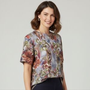 M 100% Silk Blue Short Sleeve Blouse with Floral Design